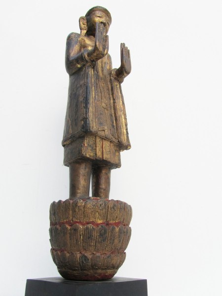 antique-carved-wooden-gilded-statue-of-standing-buddha-on-lotus-base-Thailand- Laos-Burma